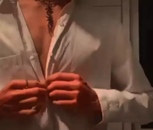 Man Unbuttons Shirt, Reveals Bare Chest