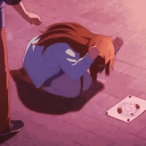 Frustrated Anime Girl Kneeling with Hearts