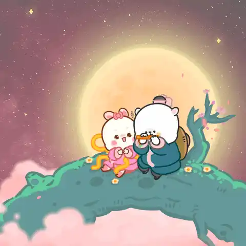 Cute Cartoon Couple Serenade Under Moon