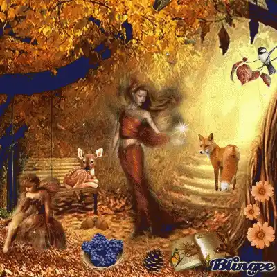 Fantasy Forest Scene with Fairy, Deer, Fox