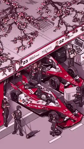 F1 Nissan Garage Art with Cherry Blossoms