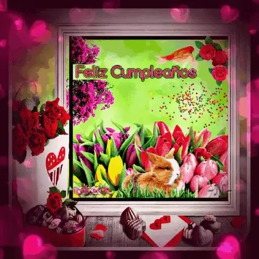 Feliz Cumpleaños con Flores y Conejito