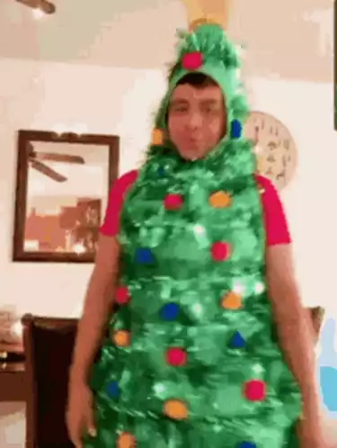Man in Christmas Tree Costume Getting Into Spirit