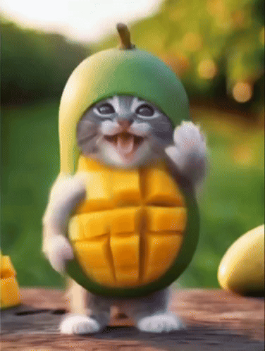 Happy Cat Dancing in Mango Costume