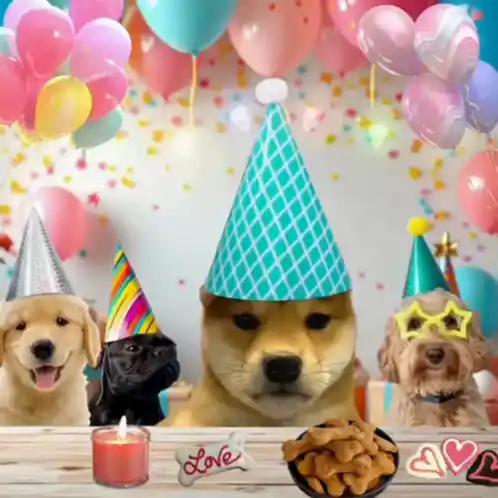 Dogs Celebrate Birthday Party with Hats and Treats